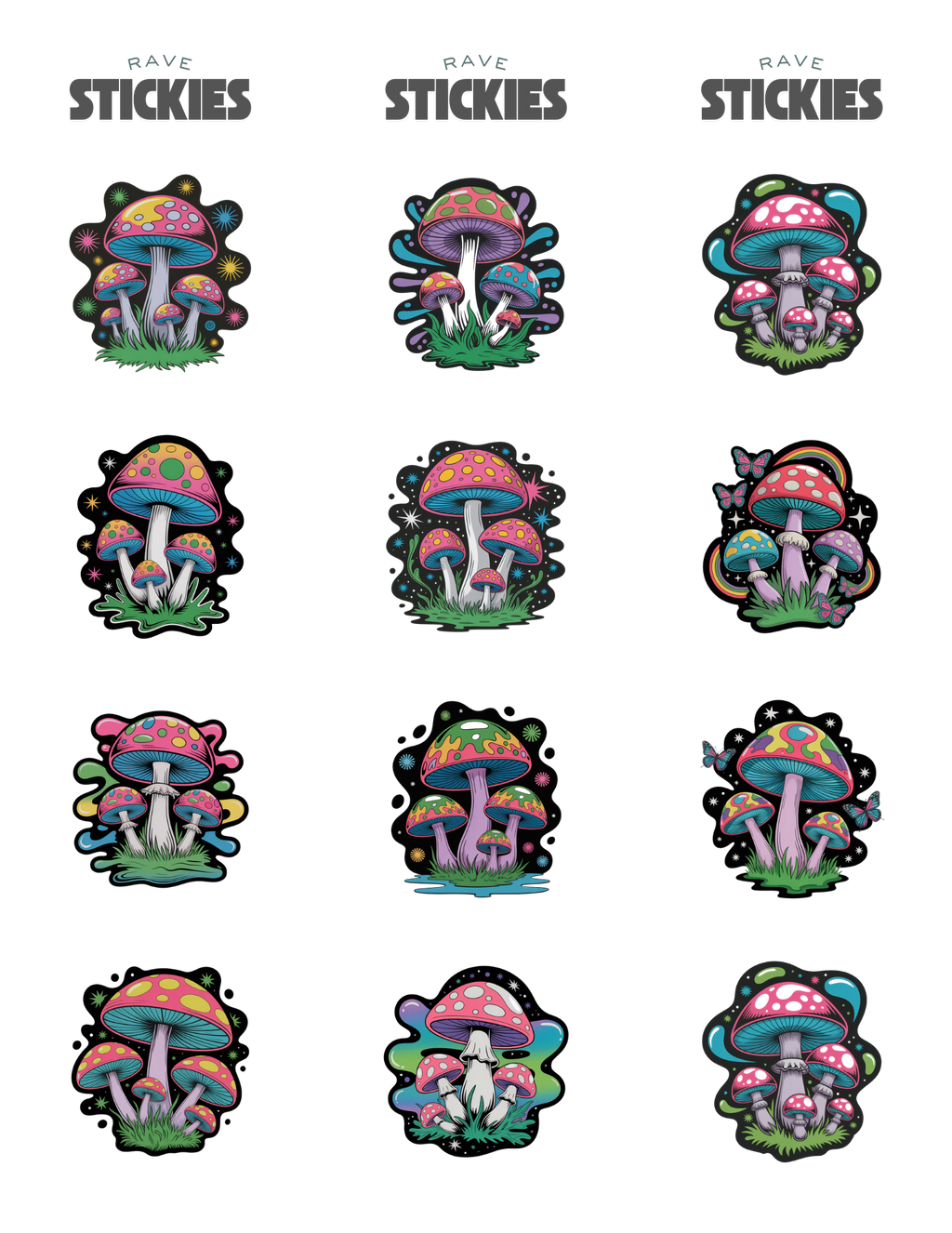 Psychedelic Mushroom Rave Stickers (24 Pack)
