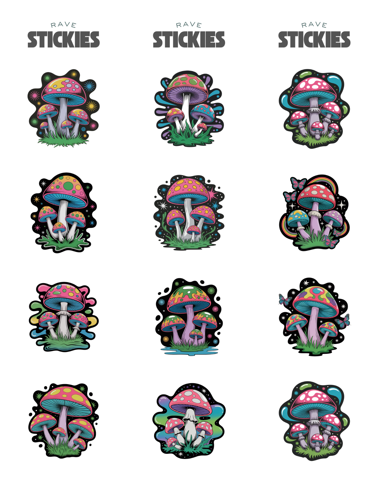 Psychedelic Mushroom Rave Stickers (24 Pack)