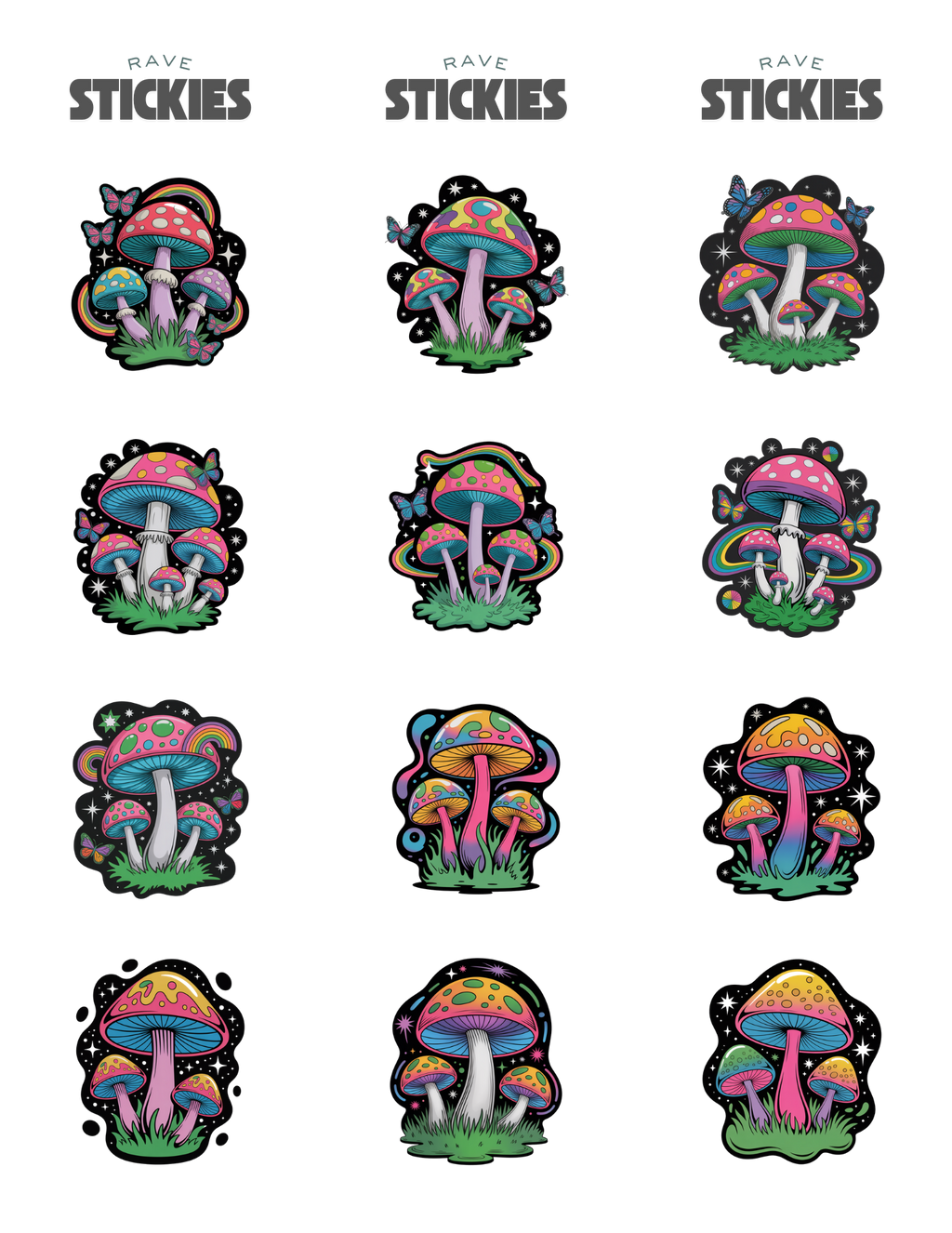 Psychedelic Mushroom Rave Stickers (24 Pack)