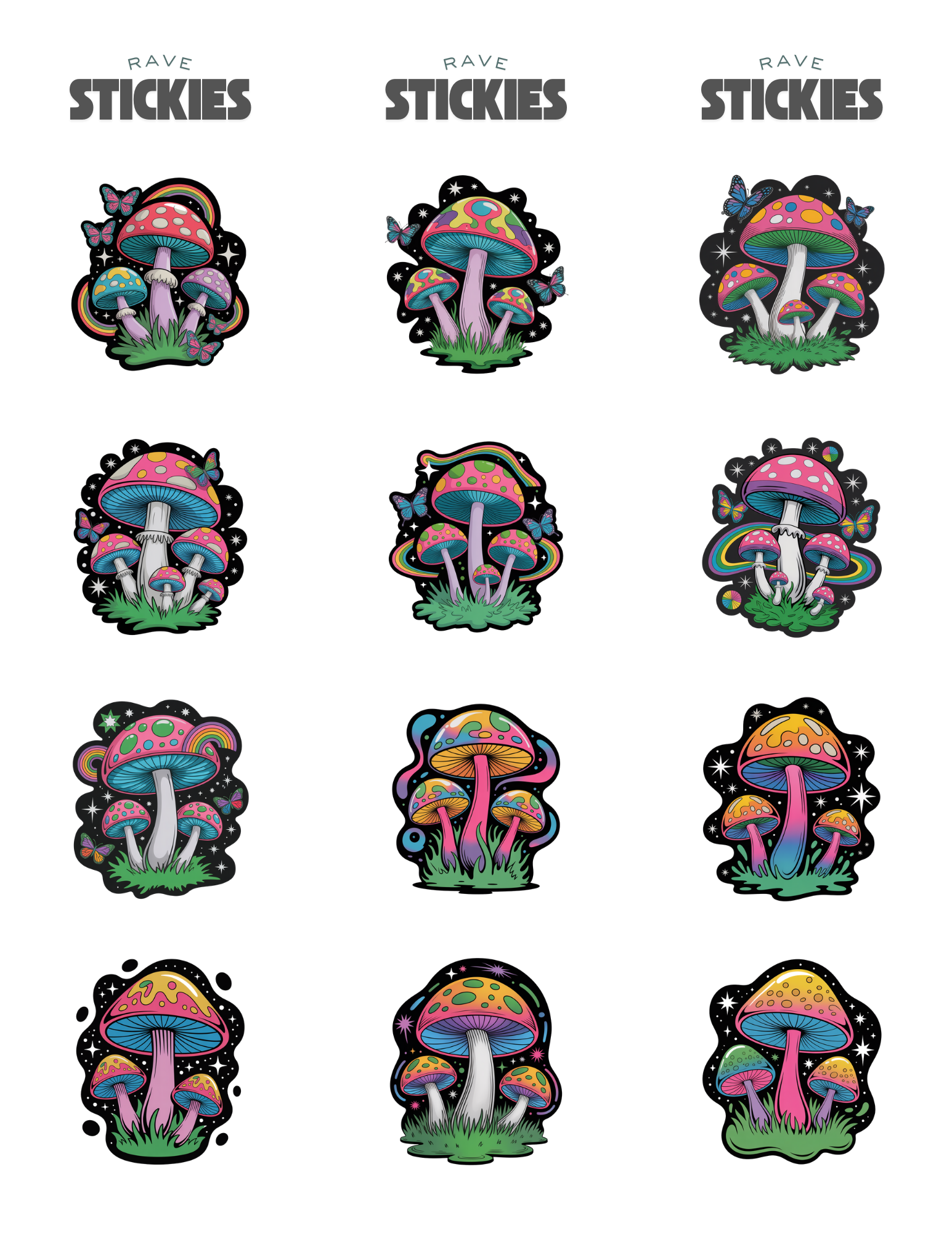 Psychedelic Mushroom Rave Stickers (24 Pack)